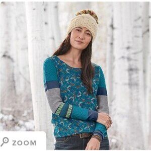 SUNDANCE Sharrar Thermal Top Petite M Knit Arms Paisley Blouse Blue Gray Sweater